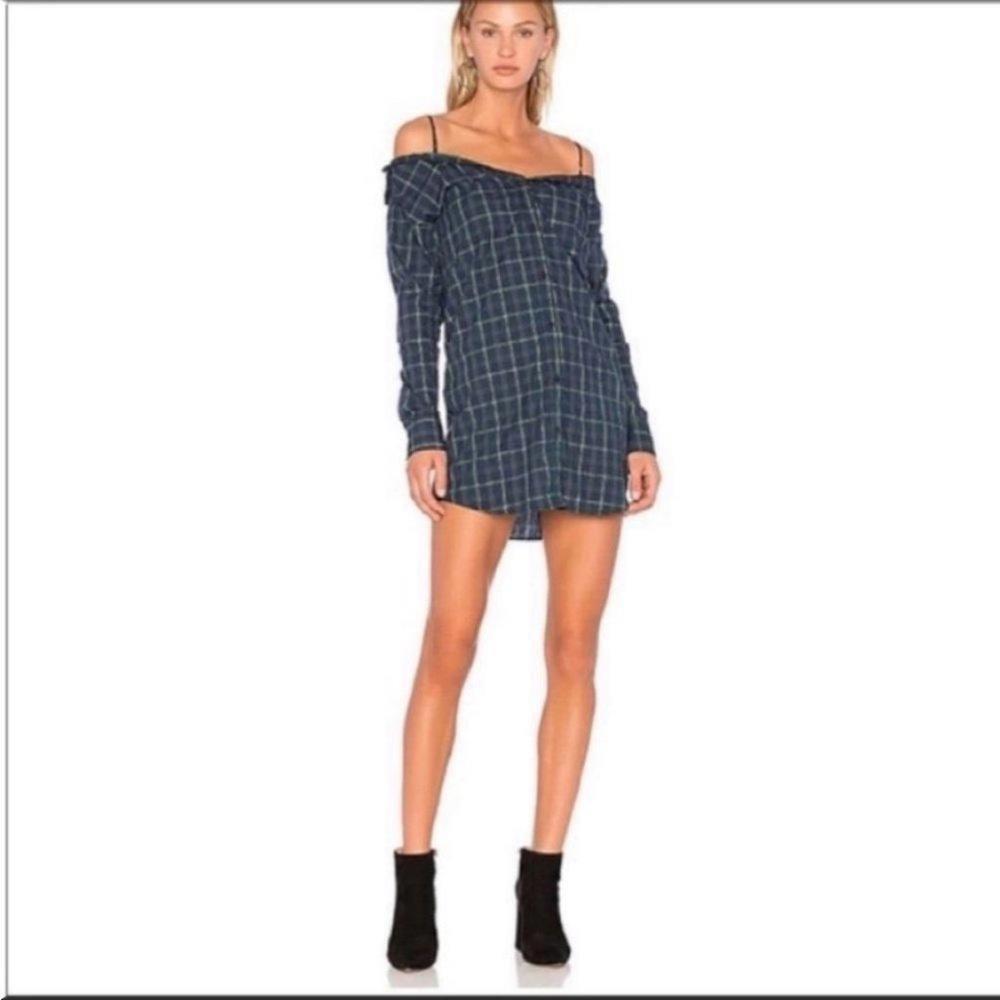 Bailey 44 Womens Off The Shoulder Plaid Button Down Mini Green Dress Size S New